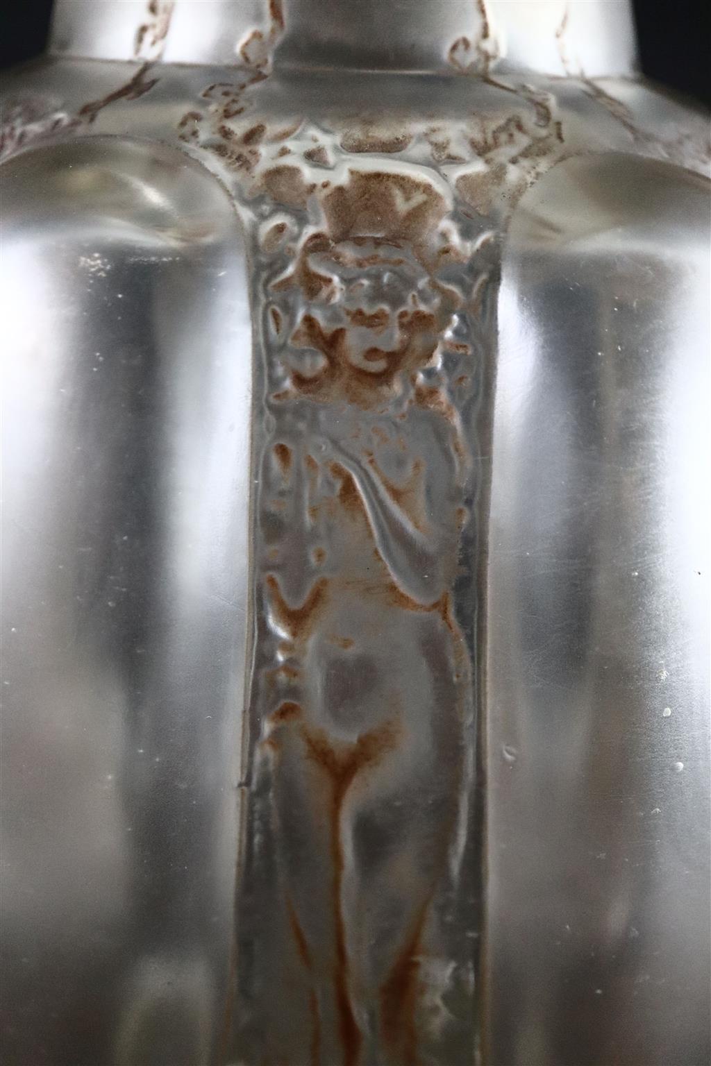 René Lalique. A pre-war sepia tinted frosted glass Six Figurines et Masques pattern vase, no.1912, designed in 1912, 24cm high